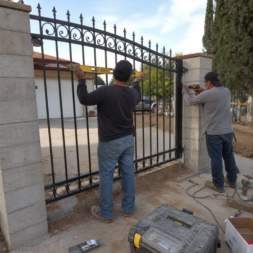 Two professional workers installing a black metal driveway gate