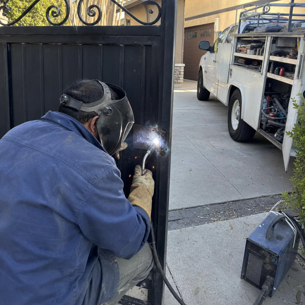 Professional technician performing on-site metal gate repair and welding services