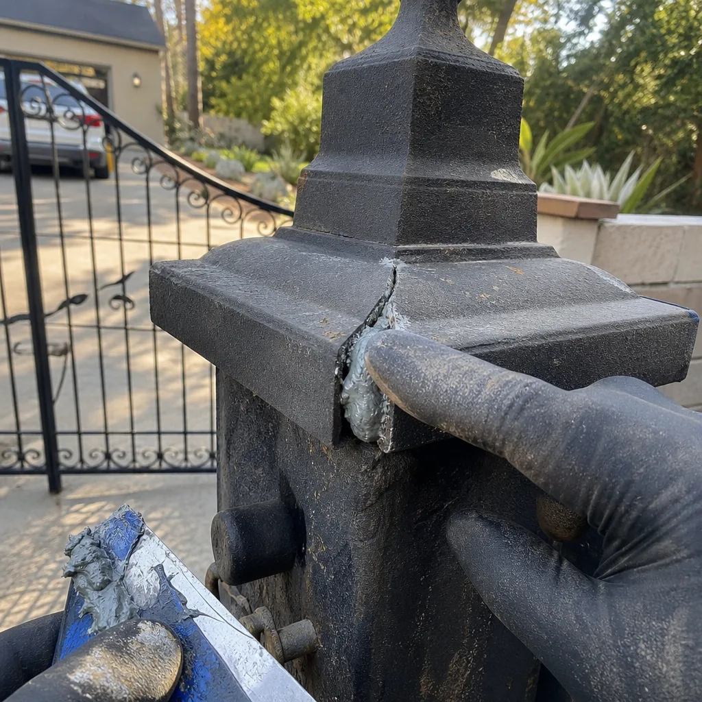 Professional gate repair technician filling a crack in a metal post