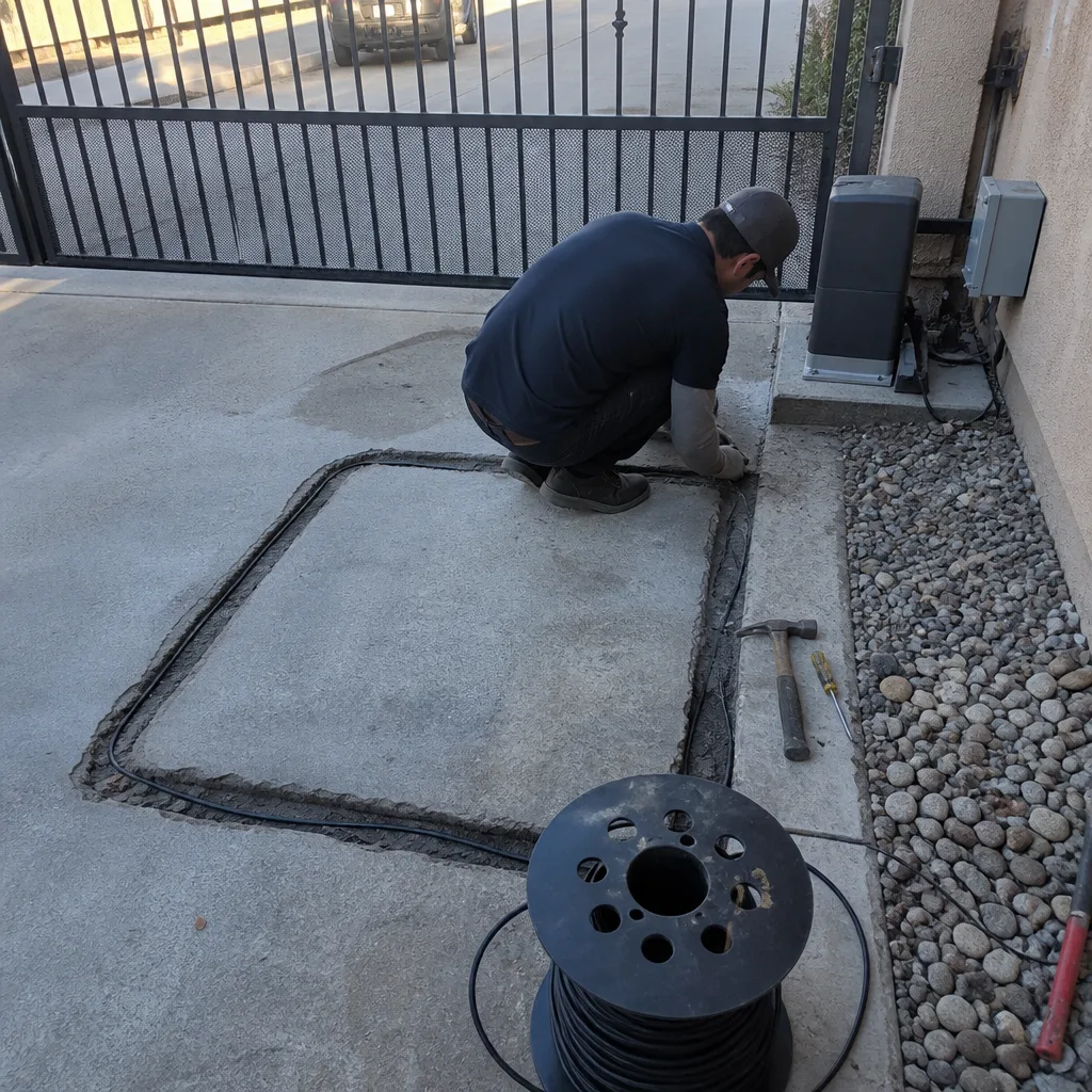Technician installing underground vehicle detection loop for automated gate access control system in Riverside, CA