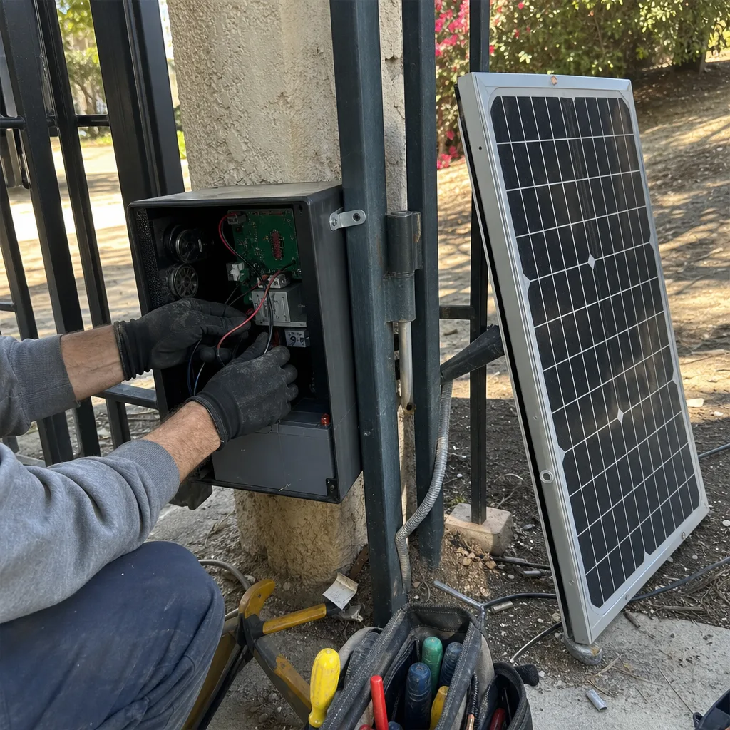 Technician repairing automated solar gate access control panel in Riverside, CA