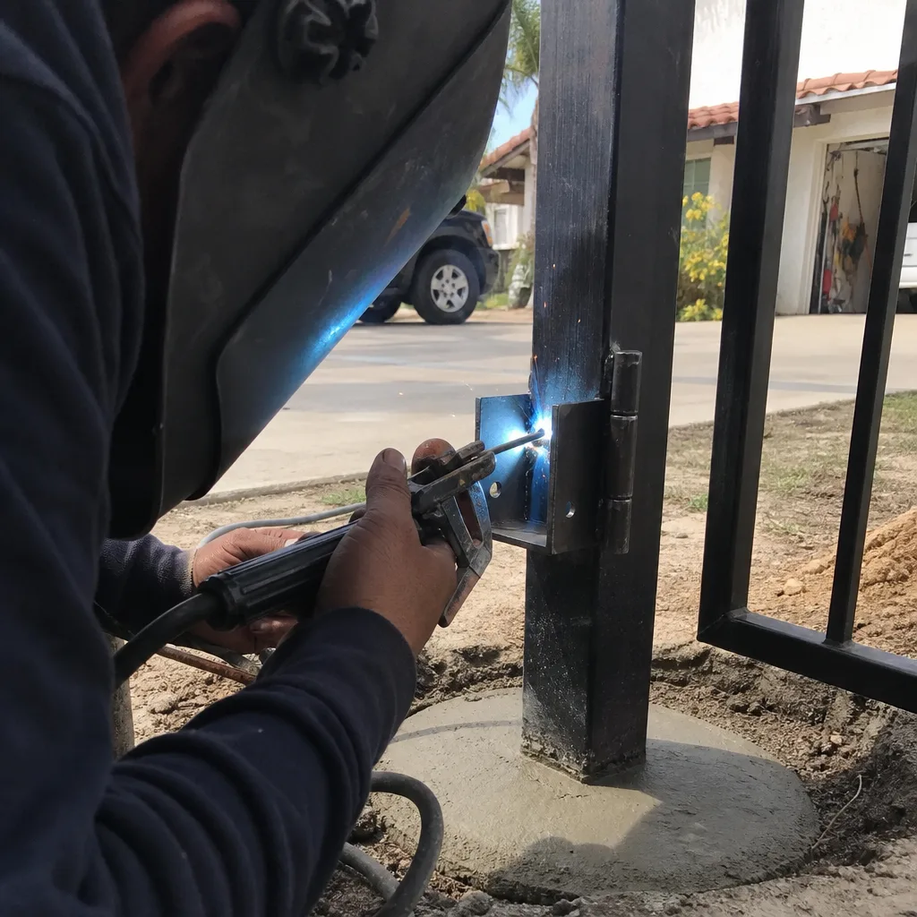 Professional welder installing a metal gate hinge on a fence post in Riverside, CA