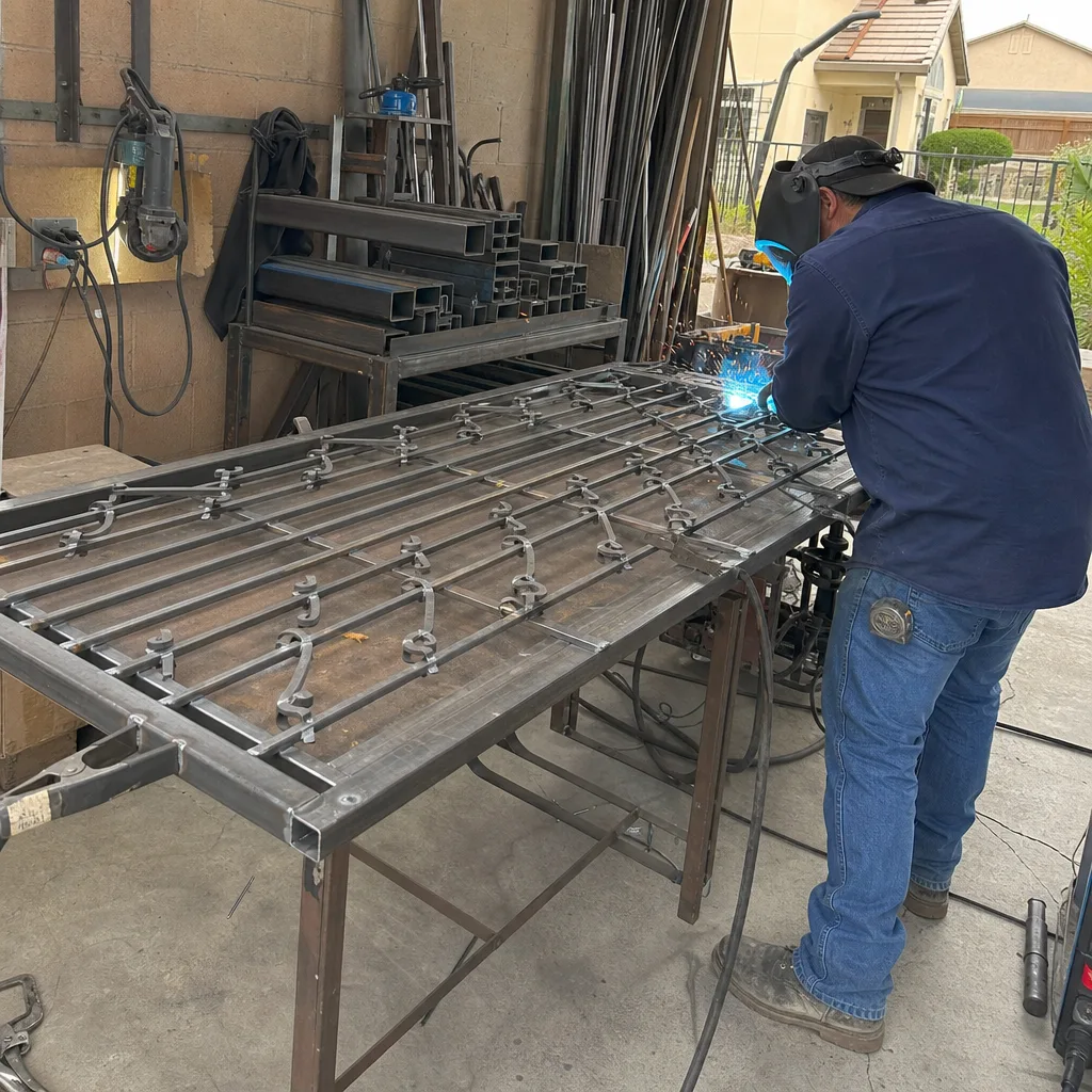 Professional welder performing custom gate repair and fabrication work in a shop in Riverside, CA